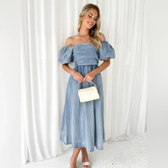 Off-Shoulder Balloon Sleeve Denim Dress - Picture 5 of 5